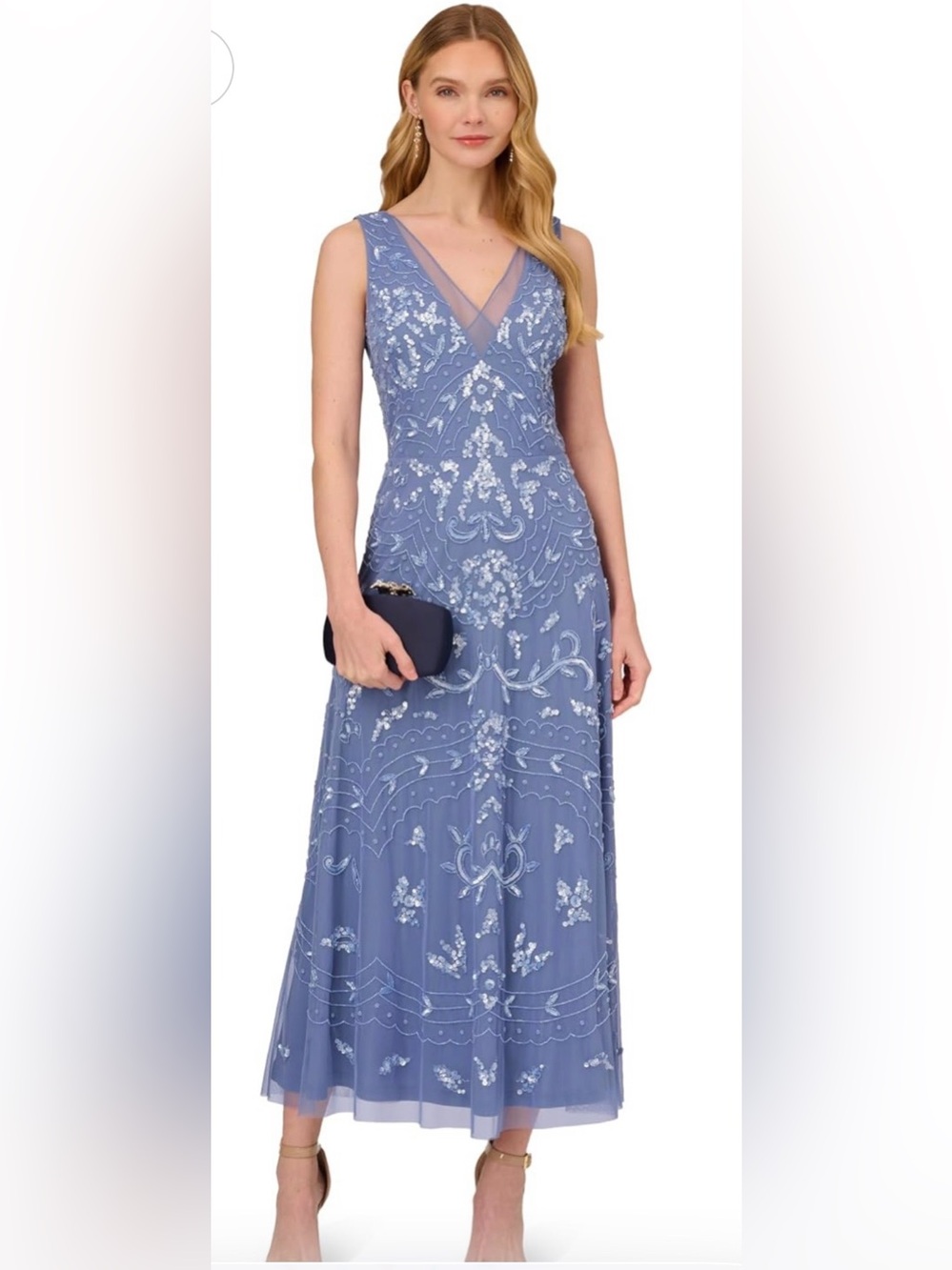 Adrianna Papell Dusty Blue V-Neck Embellished Maxi Dress - WORN ONCE- PERFECT